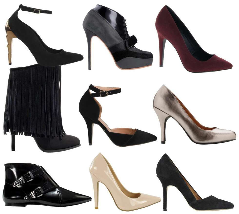 ØVERST FRA VENSTRE: 1. Nelly Shoes, kr 349. 2. Acne, kr 4495. 3. Asos.com, kr 258. 4. Zara, kr 759. 5. Bik Bok, kr 249. 6. Bianco, kr 399. 7. Zara, kr 679. 8. Nelly Shoes, kr 349. 9. Aldo, kr 899. ØVERST FRA VENSTRE: 1. Nelly Shoes, kr 349. 2. Acne, kr 4495. 3. Asos.com, kr 258. 4. Zara, kr 759. 5. Bik Bok, kr 249. 6. Bianco, kr 399. 7. Zara, kr 679. 8. Nelly Shoes, kr 349. 9. Aldo, kr 899.