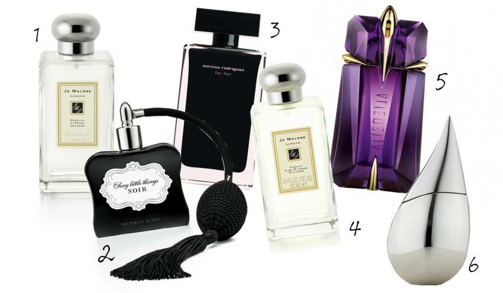 Redaksjonens festfavoritter: 1: Vanilla & Anise fra Jo Malone. 2: Noir Eau de Parfum fra Victoria Secrets. 3: For Her fra Narciso Rodriguez. 4: French Lime Blossom fra Jo Malone. 5: Alien fra Thierry Mugler. 6: SIlver Rain fra La Prairie. Redaksjonens festfavoritter: 1: Vanilla & Anise fra Jo Malone. 2: Noir Eau de Parfum fra Victoria Secrets. 3: For Her fra Narciso Rodriguez. 4: French Lime Blossom fra Jo Malone. 5: Alien fra Thierry Mugler. 6: SIlver Rain fra La Prairie.