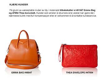 TILBAKEKALLES: Disse to veskene fra Gina Tricot blir nå tilbakekalt på grunn av høyt innhold av det giftige grunnstoffet bly. TILBAKEKALLES: Disse to veskene fra Gina Tricot blir nå tilbakekalt på grunn av høyt innhold av det giftige grunnstoffet bly.