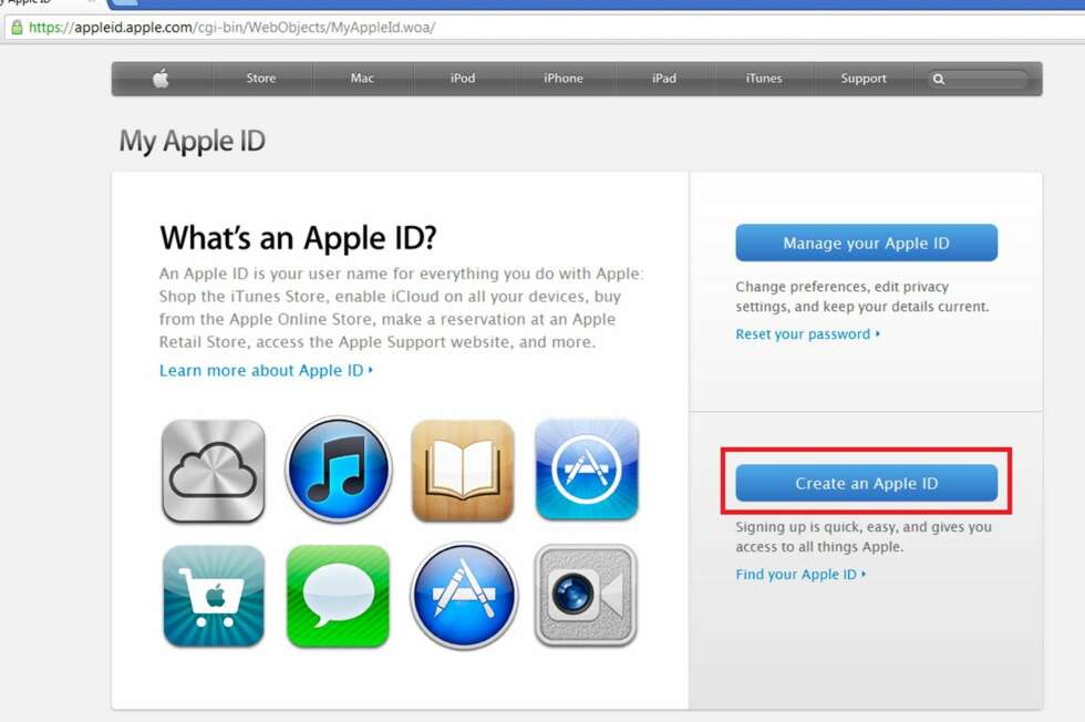 1. Det finnes flere måter å opprette en Apple ID på, og du trenger en slik ID for å laste ned eller kjøpe applikasjoner og musikk på iPhone og iPad. Det greieste er å gå til nettsiden «appleid.apple.com» og velge «Create an Apple ID». 1. Det finnes flere måter å opprette en Apple ID på, og du trenger en slik ID for å laste ned eller kjøpe applikasjoner og musikk på iPhone og iPad. Det greieste er å gå til nettsiden «appleid.apple.com» og velge «Create an Apple ID».