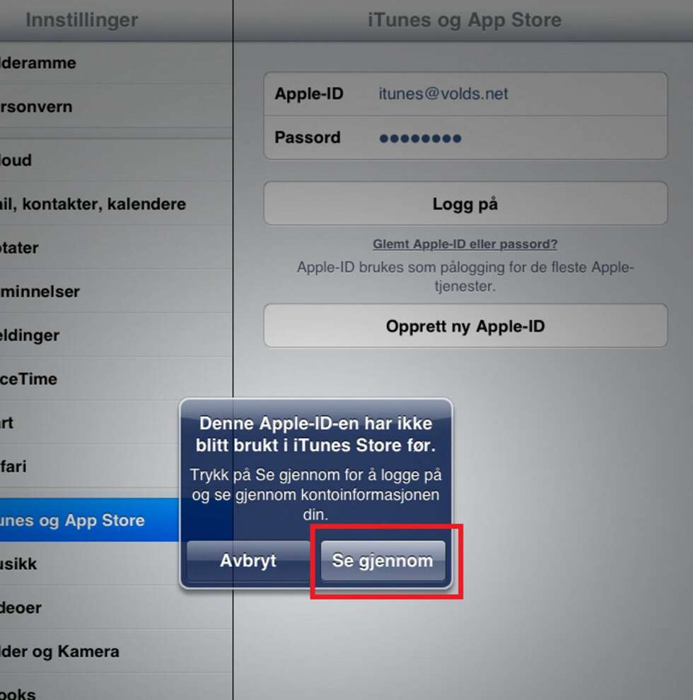 9. Legg inn din nye Apple ID på enheten du ønsker å knytte den til. Første gang du bruker din nye Apple ID fra en iPhone eller iPad må du se gjennom og godta noen avtaler. Trykk «Se gjennom», bekreft land/region og trykk «Godta» et par ganger. 9. Legg inn din nye Apple ID på enheten du ønsker å knytte den til. Første gang du bruker din nye Apple ID fra en iPhone eller iPad må du se gjennom og godta noen avtaler. Trykk «Se gjennom», bekreft land/region og trykk «Godta» et par ganger.