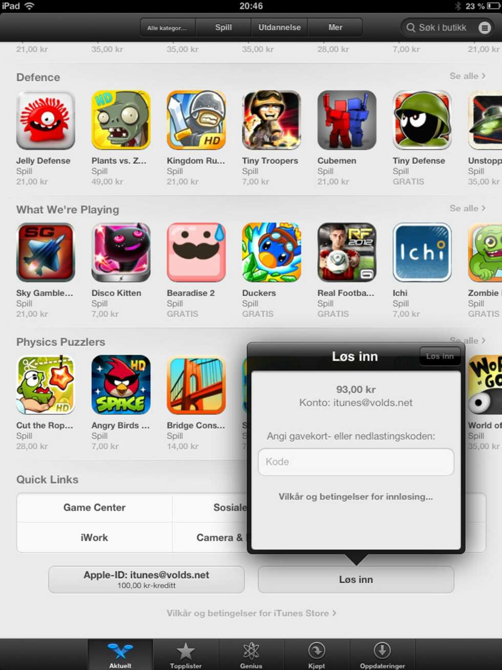 12. For å innløse et nytt gavekort, gå til AppStore direkte på enheten og bla deg helt ned under «Aktuelt». Her finner du informasjon om hvor mye som er på din konto. Ved å bruke knappen «Løs inn», kan du legge inn kode fra et nytt gavekort. 12. For å innløse et nytt gavekort, gå til AppStore direkte på enheten og bla deg helt ned under «Aktuelt». Her finner du informasjon om hvor mye som er på din konto. Ved å bruke knappen «Løs inn», kan du legge inn kode fra et nytt gavekort.
