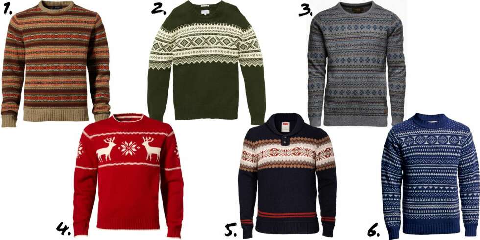 NORDISK: 1. Mønstret genser fra Gant, kr 1399,- 2. Armygrønn genser med nordisk mønster fra Gant Rugger, kr 1299,- 3. Strikket genser med mønster fra Jack & Jones, kr 549,95 4. Rød reinsdyrgenser fra Gant, kr 1299,- 5. Ullgenser med knapper i halsen fra Levis, kr 995,- 6. Mørkeblå strikkegenser fra NN.07, kr 1799,- NORDISK: 1. Mønstret genser fra Gant, kr 1399,- 2. Armygrønn genser med nordisk mønster fra Gant Rugger, kr 1299,- 3. Strikket genser med mønster fra Jack & Jones, kr 549,95 4. Rød reinsdyrgenser fra Gant, kr 1299,- 5. Ullgenser med knapper i halsen fra Levis, kr 995,- 6. Mørkeblå strikkegenser fra NN.07, kr 1799,-
