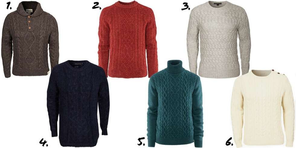 KABELSTRIKK: 1. Brun strikkegenser med knapper fra Denim og Supply Ralph Lauren, kr 1695,- 2. Kabelstrikket genser i ullblanding fra HogM, kr 399,- 3. Grå strikket genser fra John Varvatos, kr 3349,- 4. Strikket genser med høy hals fra HogM, kr 349,- 5. Mørkeblå kabelstrikk fra Tiger of Sweden, kr 1995,- 6. Strikket genser med knapper på skuldre fra Selected Homme, kr 499,- KABELSTRIKK: 1. Brun strikkegenser med knapper fra Denim og Supply Ralph Lauren, kr 1695,- 2. Kabelstrikket genser i ullblanding fra HogM, kr 399,- 3. Grå strikket genser fra John Varvatos, kr 3349,- 4. Strikket genser med høy hals fra HogM, kr 349,- 5. Mørkeblå kabelstrikk fra Tiger of Sweden, kr 1995,- 6. Strikket genser med knapper på skuldre fra Selected Homme, kr 499,-