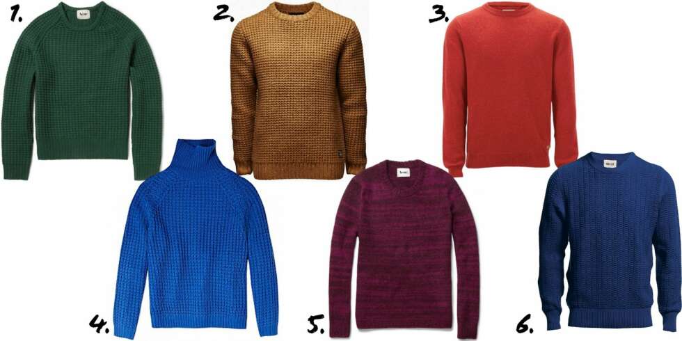 FARGESTERKE GENSERE: 1. Grønn grovstrikket genser i ull fra Acne, kr 1795,- 2. Sennepsgul grov ullgenser fra Jack & Jones, kr 550,- 3. Strikkegenser i ull og angora blanding fra Acne, kr 1495,- 4. Grovstrikket høyhalset genser fra Acne, kr 1995,- 5. Rød genser fra Selected Homme, kr 400,- 6. Blå strikkegenser fra NN.07, kr 999,- FARGESTERKE GENSERE: 1. Grønn grovstrikket genser i ull fra Acne, kr 1795,- 2. Sennepsgul grov ullgenser fra Jack & Jones, kr 550,- 3. Strikkegenser i ull og angora blanding fra Acne, kr 1495,- 4. Grovstrikket høyhalset genser fra Acne, kr 1995,- 5. Rød genser fra Selected Homme, kr 400,- 6. Blå strikkegenser fra NN.07, kr 999,-