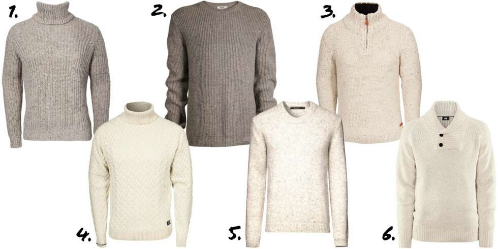 LYS STRIKK: 1. Høyhalset strikkegenser fra BLK DNM, kr 1995,- 2. Finstrikket genser fra Bruuns Bazaar, kr 999,- 3. Offwhite genser med glidelås fra Pepe Jeans, kr 1049,- 4. Flettestrikket genser med høy hals fra Frontiers of Quebec, kr 699,- 5. Gråmelert ullgenser fra Tiger of Sweden, kr 1999,- 6. Strikkegenser med sjalskrage fra HogM, kr 349,- LYS STRIKK: 1. Høyhalset strikkegenser fra BLK DNM, kr 1995,- 2. Finstrikket genser fra Bruuns Bazaar, kr 999,- 3. Offwhite genser med glidelås fra Pepe Jeans, kr 1049,- 4. Flettestrikket genser med høy hals fra Frontiers of Quebec, kr 699,- 5. Gråmelert ullgenser fra Tiger of Sweden, kr 1999,- 6. Strikkegenser med sjalskrage fra HogM, kr 349,-