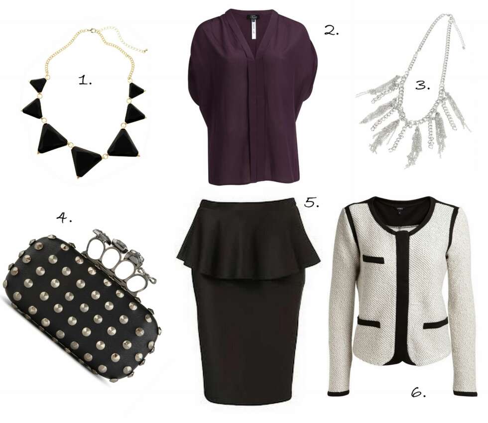 PEPLUM: 1. Smykke fra Glitter (kr 179), 2. Bluse fra Vivikes (kr 499), 3. Smykke fra Vivikes (kr 149), 4. Clutch med ringer fra Aldo (kr 449), 5. Peplum skjørt fra Lindex (kr 299), 6. Cardigan fra Lindex (kr 399). PEPLUM: 1. Smykke fra Glitter (kr 179), 2. Bluse fra Vivikes (kr 499), 3. Smykke fra Vivikes (kr 149), 4. Clutch med ringer fra Aldo (kr 449), 5. Peplum skjørt fra Lindex (kr 299), 6. Cardigan fra Lindex (kr 399).