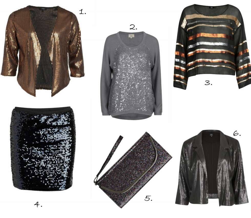PALJETTER GALORE: 1. Paljettjakke fra Lindex Generous (kr 149.50 SALG), 2. Genser fra Vivikes (kr 249), 3. Top fra Vivikes (kr 399), 4. Paljettskjørt fra Lindex (kr 399), 5. Clutch fra Glitter (kr 179), 6. Zoe jakke fra Vivikes (kr 499). PALJETTER GALORE: 1. Paljettjakke fra Lindex Generous (kr 149.50 SALG), 2. Genser fra Vivikes (kr 249), 3. Top fra Vivikes (kr 399), 4. Paljettskjørt fra Lindex (kr 399), 5. Clutch fra Glitter (kr 179), 6. Zoe jakke fra Vivikes (kr 499).