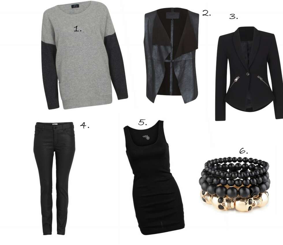 ROCKA: 1. Genser fra Vivikes (kr 499), 2. Vest fra Vivikes (kr 999), 3. Blazer fra Vivikes (kr 499), 4. Coated bukse fra Lindex Generous (kr 399), 5. Lang singlet fra Lindex (kr 79.50), 6. Hodeskalle-armbånd fra Aldo (kr 199). ROCKA: 1. Genser fra Vivikes (kr 499), 2. Vest fra Vivikes (kr 999), 3. Blazer fra Vivikes (kr 499), 4. Coated bukse fra Lindex Generous (kr 399), 5. Lang singlet fra Lindex (kr 79.50), 6. Hodeskalle-armbånd fra Aldo (kr 199).