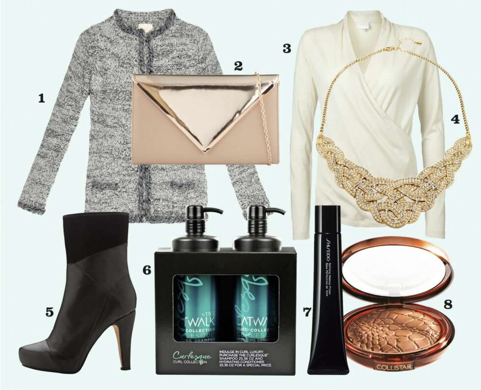 STYLINGTIPS TIL HEGE KRISTIN: 1. Jakke fra Zara, kr 999,- 2. Veske fra Aldo, kr 399,- 3. Topp fra InWear, kr 799,- 4. Kjede fra Aldo, kr 299,- 5. Sko fra Bianco, kr 1099,- 6. Sjampo og balsam for krøllete hår fra Tigi Catwalk, kr 399,- 7.Primer fra Shiseido, kr 369,- 8.Solpudder fra Collistar, kr 295,- STYLINGTIPS TIL HEGE KRISTIN: 1. Jakke fra Zara, kr 999,- 2. Veske fra Aldo, kr 399,- 3. Topp fra InWear, kr 799,- 4. Kjede fra Aldo, kr 299,- 5. Sko fra Bianco, kr 1099,- 6. Sjampo og balsam for krøllete hår fra Tigi Catwalk, kr 399,- 7.Primer fra Shiseido, kr 369,- 8.Solpudder fra Collistar, kr 295,-