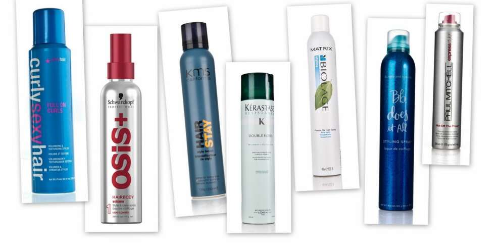 STYLINGSPRAY: Det er viktig med en god stylingspray før du begynner å krølle håret. Da sitter krøllene mye bedre, og du beskytter håret mot varme. Fra venstre: Curly Sexy Hair Full on Curls som lover både volum og tekstur til krøllene dine. Osis Fra Schwarzkopf gir hold, volum og beskytter mot varme. KMS Californias Hair Stay Style Boost lover masse hold og lang holdbarhet for frisyren. Kérastase Double Force Multiprotective spray for weakened hair, beskytter godt og er perfekt for tynt, slitt og skadet hår. Matrix Biolage beskytter mot luftfuktighet og gir volum og fylde til håret. Bumble & Bumble BB does it all styling spray gir hold, volum og beskyttelse. STYLINGSPRAY: Det er viktig med en god stylingspray før du begynner å krølle håret. Da sitter krøllene mye bedre, og du beskytter håret mot varme. Fra venstre: Curly Sexy Hair Full on Curls som lover både volum og tekstur til krøllene dine. Osis Fra Schwarzkopf gir hold, volum og beskytter mot varme. KMS Californias Hair Stay Style Boost lover masse hold og lang holdbarhet for frisyren. Kérastase Double Force Multiprotective spray for weakened hair, beskytter godt og er perfekt for tynt, slitt og skadet hår. Matrix Biolage beskytter mot luftfuktighet og gir volum og fylde til håret. Bumble & Bumble BB does it all styling spray gir hold, volum og beskyttelse.