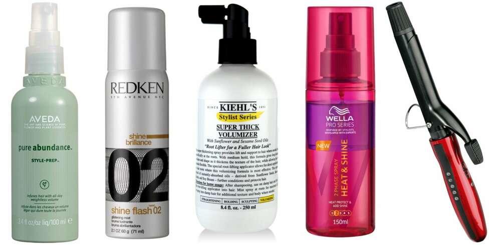 FRA VENSTRE: Aveda Pure abundance style-rep, kr 347. Redken Shine flash, kr 296. Kiehl's Super thick volumizer, kr 205. Wella Heat & shine, kr 65. OBH Nordica Artist curler, kr 399. FRA VENSTRE: Aveda Pure abundance style-rep, kr 347. Redken Shine flash, kr 296. Kiehl's Super thick volumizer, kr 205. Wella Heat & shine, kr 65. OBH Nordica Artist curler, kr 399.