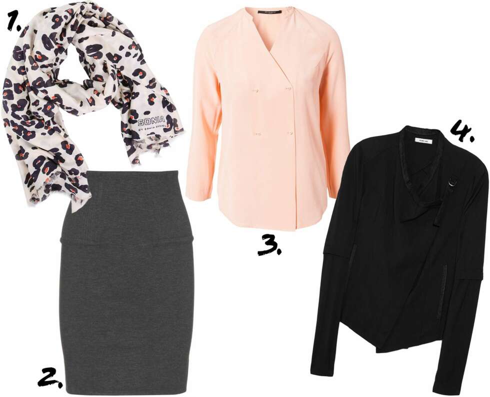 GJØR KUPP PÅ BASISPLAGG: 1. Skjerf fra Sonia by Sonia Rykiel, kr 799. 2. Skjørt fra 3.1. Phillip Lim, kr 1577. 3. Bluse fra Bruuns Bazaar, kr 849. 4. Jakke fra Helmut Lang, kr 2340. GJØR KUPP PÅ BASISPLAGG: 1. Skjerf fra Sonia by Sonia Rykiel, kr 799. 2. Skjørt fra 3.1. Phillip Lim, kr 1577. 3. Bluse fra Bruuns Bazaar, kr 849. 4. Jakke fra Helmut Lang, kr 2340.