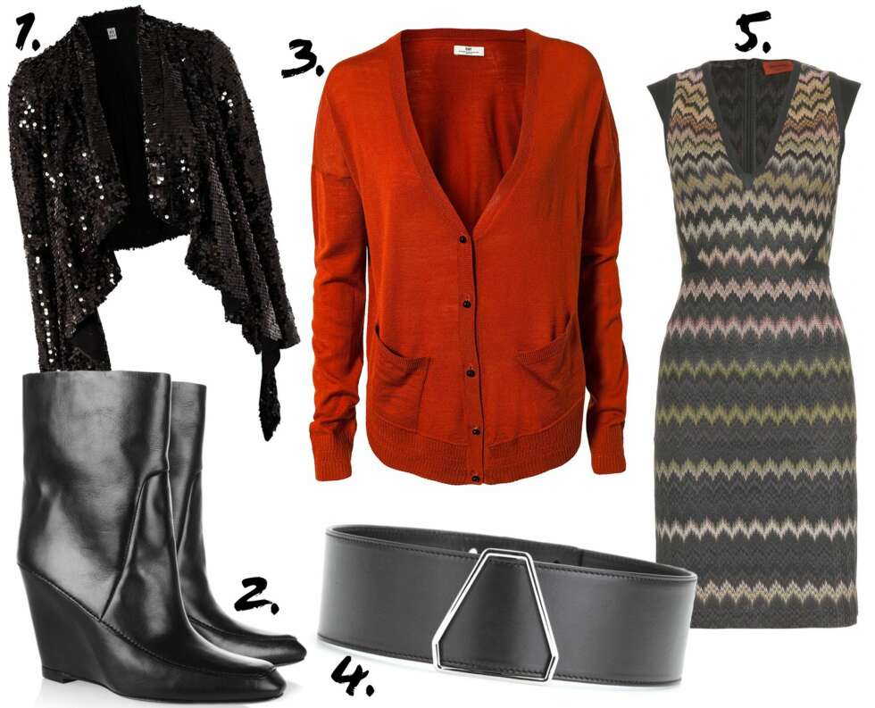 RØVERKJØP PÅ DESIGNERPLAGG: 1. Paljettjakke fra 2nd Day, kr 605. 2. Støvletter fra Alexander Wang, kr 1896. 3. Kardigan fra Day Birger et Mikkelsen, kr 359. 4. Bredt belte fra Saint Laurent, kr 1533. 5. Kjole fra Missoni, kr 3338. RØVERKJØP PÅ DESIGNERPLAGG: 1. Paljettjakke fra 2nd Day, kr 605. 2. Støvletter fra Alexander Wang, kr 1896. 3. Kardigan fra Day Birger et Mikkelsen, kr 359. 4. Bredt belte fra Saint Laurent, kr 1533. 5. Kjole fra Missoni, kr 3338.