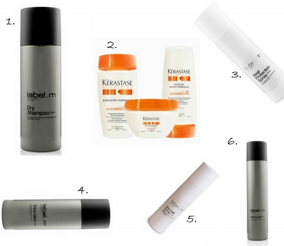 FRISØRENS FAVORITTER: 1. Dry Shampoo fra Label.M, 2. Nutri Thermique serien fra Keristase, 2. Heat Protection Spray fra Label.M, 3. Shine Mist fra Label.M, 4. Sea Salt Spray fra Label. M, 5. Hair Spray fra Label.M. FRISØRENS FAVORITTER: 1. Dry Shampoo fra Label.M, 2. Nutri Thermique serien fra Keristase, 2. Heat Protection Spray fra Label.M, 3. Shine Mist fra Label.M, 4. Sea Salt Spray fra Label. M, 5. Hair Spray fra Label.M.