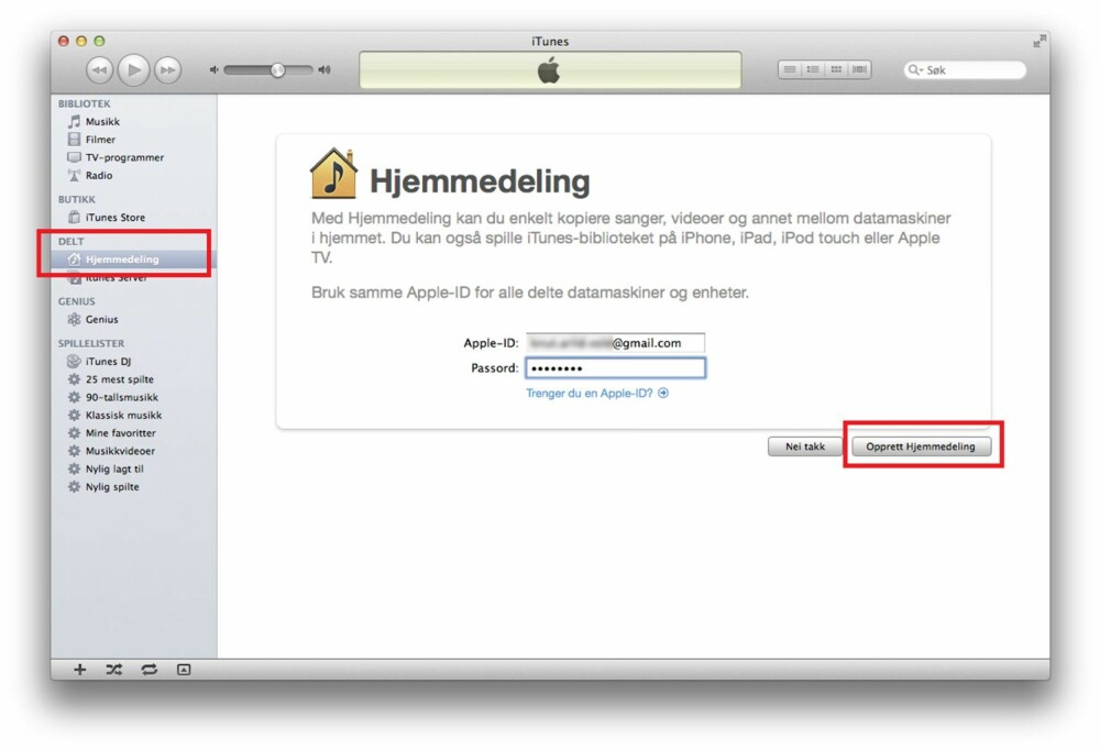 1. I venstremargen i iTunes finner du alternativet for hjemmedeling. Klikk på denne, og skriv inn din Apple-ID og passord i hovedskjerm-bildet. Deretter er det bare å klikke «Opprett Hjemmedeling». 1. I venstremargen i iTunes finner du alternativet for hjemmedeling. Klikk på denne, og skriv inn din Apple-ID og passord i hovedskjerm-bildet. Deretter er det bare å klikke «Opprett Hjemmedeling».