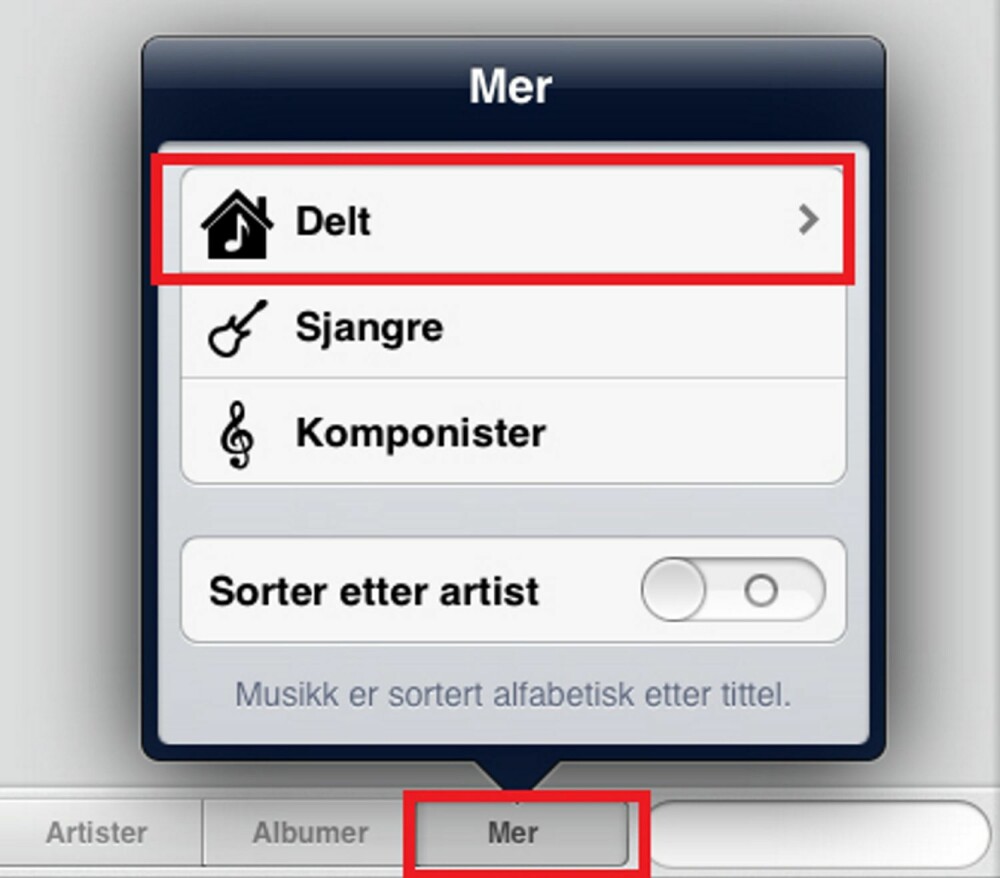 4. Når du nå velger «Musikk», finner du det delte iTunes-biblioteket ditt litt gjemt under «Mer» nede til høyre og deretter «Delt». 4. Når du nå velger «Musikk», finner du det delte iTunes-biblioteket ditt litt gjemt under «Mer» nede til høyre og deretter «Delt».