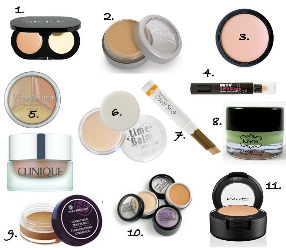 FULL DEKK: 1. Creamy Concealer Kit fra Bobbi Brown, kr 320 kr. 2. Concealer fra Mist Stockholm, kr 140. 3. Touch Corettone fra Nouba, kr 159. 4. Flawless Concealer fra Miyo, kr 49. 5. 3 in One Concealer fra Viva La Diva, kr 85. 6. Anti Wrinkle Concealer fra The Balm, kr 189. 7. Pure Care Coverstick fra Dr. Hauschka, kr 149. 8. Green concealer fra NYX, kr 89. 9. Krem Concealer fra Yves Rocher, kr 79. 10. HD Concealer fra Make Up For Ever, kr 300. 11. Studifinish Concealer fra MAC, kr 180. FULL DEKK: 1. Creamy Concealer Kit fra Bobbi Brown, kr 320 kr. 2. Concealer fra Mist Stockholm, kr 140. 3. Touch Corettone fra Nouba, kr 159. 4. Flawless Concealer fra Miyo, kr 49. 5. 3 in One Concealer fra Viva La Diva, kr 85. 6. Anti Wrinkle Concealer fra The Balm, kr 189. 7. Pure Care Coverstick fra Dr. Hauschka, kr 149. 8. Green concealer fra NYX, kr 89. 9. Krem Concealer fra Yves Rocher, kr 79. 10. HD Concealer fra Make Up For Ever, kr 300. 11. Studifinish Concealer fra MAC, kr 180.