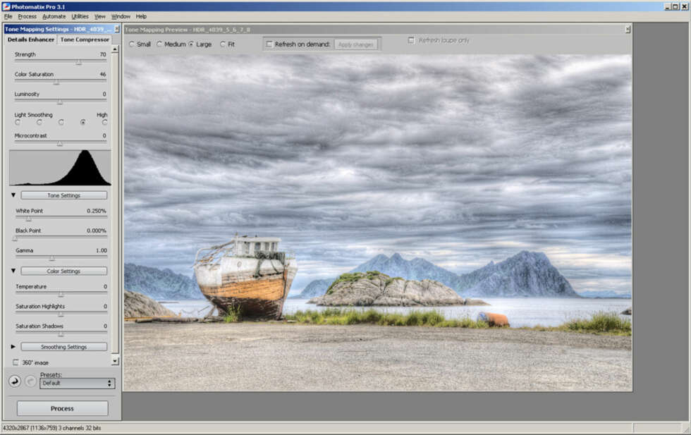Standardinnstillingene til Photomatix ser slik ut, så her må noe gjøres. Standardinnstillingene til Photomatix ser slik ut, så her må noe gjøres.