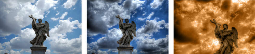 Her vises det normaleksponerte bildet, resultat etter tone mapping i Photomatix og sluttresultat etter etterbehandling. Her er det meste gjort i etterbehandlingen, hovedfunksjonen jeg har brukt her er «black/white» med« hue» og mye «saturation» for å lage dramatikk ut av et ellers ganske standard bilde. Fargeforandringene gjør nesten skyene om til flammer. Her vises det normaleksponerte bildet, resultat etter tone mapping i Photomatix og sluttresultat etter etterbehandling. Her er det meste gjort i etterbehandlingen, hovedfunksjonen jeg har brukt her er «black/white» med« hue» og mye «saturation» for å lage dramatikk ut av et ellers ganske standard bilde. Fargeforandringene gjør nesten skyene om til flammer.