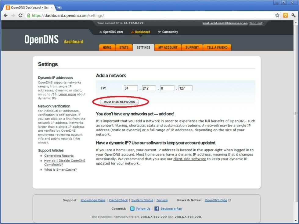 8. OpenDNS fyller automatisk inn riktig IP-adresse, så du trenger ikke sjekke denne selv. Trykk på «Add this network». 8. OpenDNS fyller automatisk inn riktig IP-adresse, så du trenger ikke sjekke denne selv. Trykk på «Add this network».