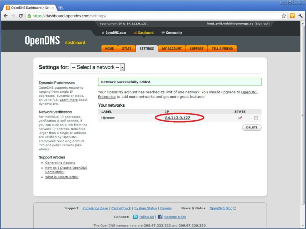 10. Du kommer nå til «Settings»-fanen i dashbordet på OpenDNS-sidene. Her kan du klikke på IP-adressen din for å stille inn sikkerhetsnivået. 10. Du kommer nå til «Settings»-fanen i dashbordet på OpenDNS-sidene. Her kan du klikke på IP-adressen din for å stille inn sikkerhetsnivået.