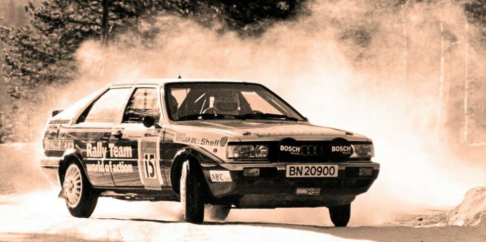 RALLY: I Norge gikk Audi quattro både i rally og rallycross. Her er Gunnar Stenberg i fint driv ""på skauen"". RALLY: I Norge gikk Audi quattro både i rally og rallycross. Her er Gunnar Stenberg i fint driv ""på skauen"".