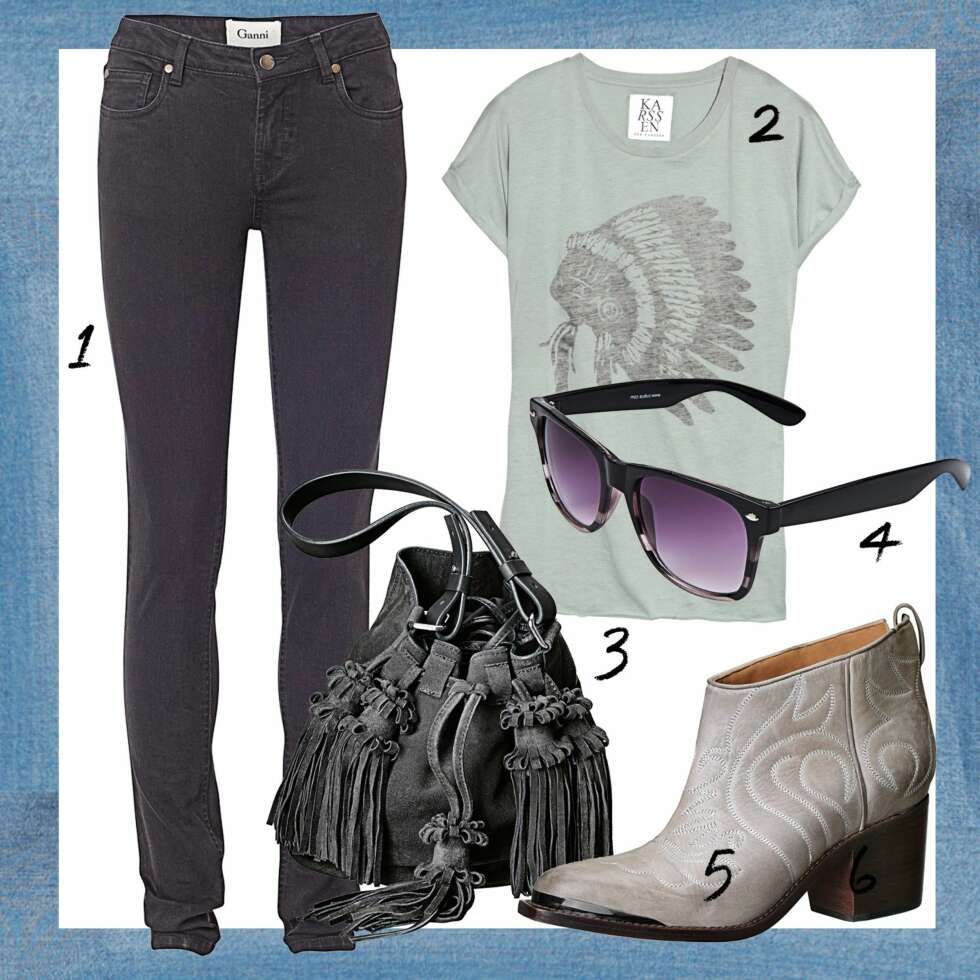 1: Bukse fra Ganni, kr 1099. 2: T-skjorte fra Zoe Karssen/net-a-porter.com, kr 610. 3: Veske fra H&M, kr 799. 4: Boots fra H&M, kr 999. 5: Boots fra H&M, kr 999. 1: Bukse fra Ganni, kr 1099. 2: T-skjorte fra Zoe Karssen/net-a-porter.com, kr 610. 3: Veske fra H&M, kr 799. 4: Boots fra H&M, kr 999. 5: Boots fra H&M, kr 999.