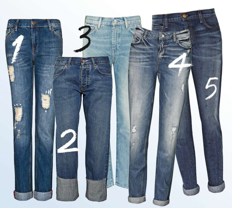 1: Mango, Boyfriend style jeans, kr 399. 2: MiH, Pheobe Remain, kr 1905. 3: Levis, Antique flair, kr 1620. 4: Gina Tricot, Anna boyfriend, kr 499. 5: Current Elliot, The roller diamanté-studded boyfriend-fit jeans, kr 3365. 1: Mango, Boyfriend style jeans, kr 399. 2: MiH, Pheobe Remain, kr 1905. 3: Levis, Antique flair, kr 1620. 4: Gina Tricot, Anna boyfriend, kr 499. 5: Current Elliot, The roller diamanté-studded boyfriend-fit jeans, kr 3365.