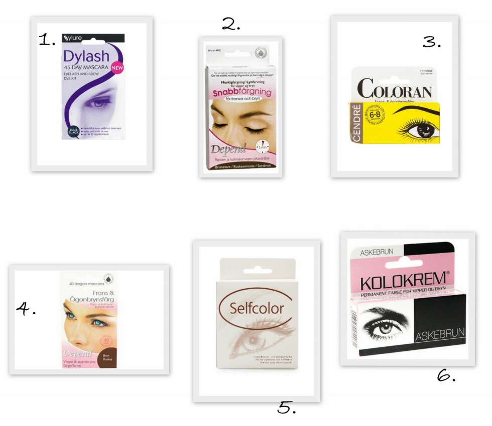 SEMIPERMANENT FARGE: 1. Complete Kit Blue&Black fra Eylure - nelly.no (kr 129), 2. Hurtigfarge fra Depend (kr 99), 3. Lash & Eyebrow Color fra Coloran - Nelly.no (kr 69), 4. Øyenbrynspermanent fra Depend (kr 99), 5. Selfcolor fra Dr.Temt - nelly.no (kr 269), 6. Permanentfarge for vipper og bryn fra Kolokrem (kr 75,50). SEMIPERMANENT FARGE: 1. Complete Kit Blue&Black fra Eylure - nelly.no (kr 129), 2. Hurtigfarge fra Depend (kr 99), 3. Lash & Eyebrow Color fra Coloran - Nelly.no (kr 69), 4. Øyenbrynspermanent fra Depend (kr 99), 5. Selfcolor fra Dr.Temt - nelly.no (kr 269), 6. Permanentfarge for vipper og bryn fra Kolokrem (kr 75,50).