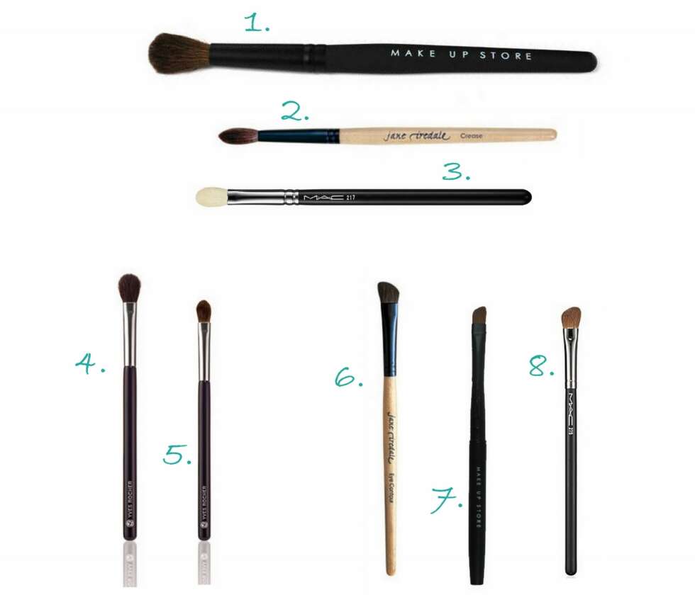 STOR FLUFFY ØYENSKYGGEKOST: 1. Global Blending Large #116 fra Make Up Store (kr 270), 2. Crease pensel fra Jane Iredale (kr 145), 3. Blending Brush #217 fra MAC (kr 195), 4. Øyenskyggepensel fra Yves Rocher (kr 99), 5. Rund øyenskyggepensel fra Yves Rocher (kr 89), 6. Eye Contour pensel fra Jane Iredale (kr 198), 7. Convertible Brush Angled fra Make Up Store (kr 115), 8. Medium Angled Brush #275 fra MAC (kr 298). STOR FLUFFY ØYENSKYGGEKOST: 1. Global Blending Large #116 fra Make Up Store (kr 270), 2. Crease pensel fra Jane Iredale (kr 145), 3. Blending Brush #217 fra MAC (kr 195), 4. Øyenskyggepensel fra Yves Rocher (kr 99), 5. Rund øyenskyggepensel fra Yves Rocher (kr 89), 6. Eye Contour pensel fra Jane Iredale (kr 198), 7. Convertible Brush Angled fra Make Up Store (kr 115), 8. Medium Angled Brush #275 fra MAC (kr 298).