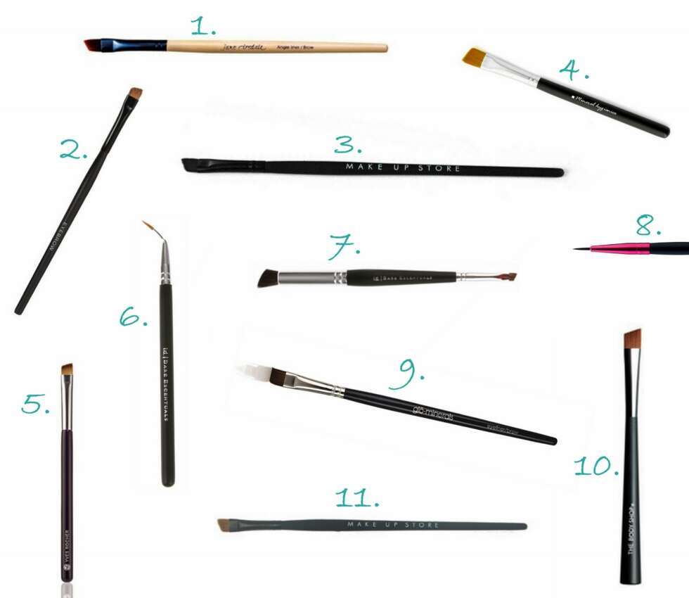 EYELINER OG BRYN: 1. Angle Definer pensel fra Jane Iredale (kr 125), 2. Eyebrow Brush fra Youngblood (kr 235), 3. Synthetic Brow Brush Angle #210 (kr 115), 4. Flat Mini Liner Brush fra Mineral Hygenics (kr 149), 5. Eyelinerpensel fra Yves Rocher (kr 79), 6. Slanted Liner Brush fra Bare Escentuals (kr 189) 8. Eyeliner Brush fra Dirty Works (kr 39), 9. Eyeliner & Brow Brush fra glóMinerals (kr 170), 10. Eye Shadow Slanted Brush fra The Body Shop (kr 99), 11. Angled Brush Make Up Store (kr 150). EYELINER OG BRYN: 1. Angle Definer pensel fra Jane Iredale (kr 125), 2. Eyebrow Brush fra Youngblood (kr 235), 3. Synthetic Brow Brush Angle #210 (kr 115), 4. Flat Mini Liner Brush fra Mineral Hygenics (kr 149), 5. Eyelinerpensel fra Yves Rocher (kr 79), 6. Slanted Liner Brush fra Bare Escentuals (kr 189) 8. Eyeliner Brush fra Dirty Works (kr 39), 9. Eyeliner & Brow Brush fra glóMinerals (kr 170), 10. Eye Shadow Slanted Brush fra The Body Shop (kr 99), 11. Angled Brush Make Up Store (kr 150).