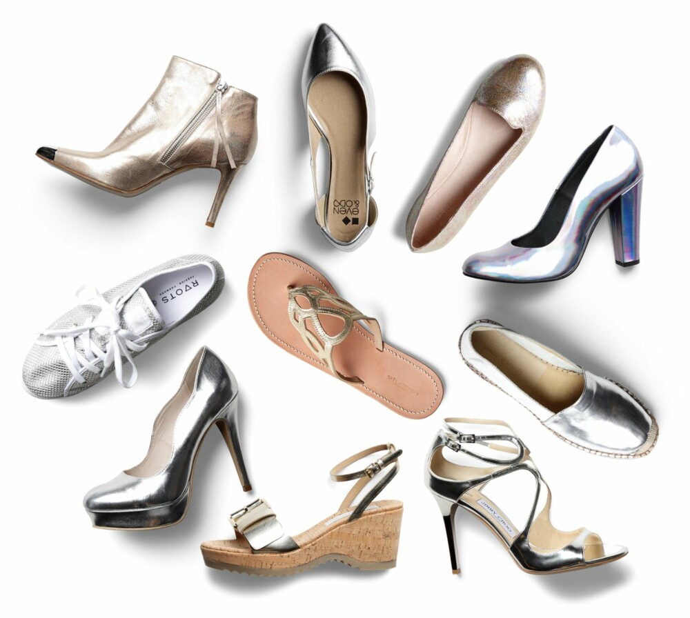 METALLISK: Øverst fra venstre og mot høyre: Ankelstøvletter fra Apair, kr 3299. Sandaler fra Even&Odd/Zalando, kr 289. Loafers fra Bianco, kr 499. Pumps fra Whyred, kr 1400. Loafers fra Samsøe Samsøe, kr 799. Høye sandaler fra Jimmy Choo/Høyer Luxury Eger, kr 5499. Gullfargede sandaler fra Stella McCartney/Høyer Luxury Eger, kr 3199. Sølvfargede pumps fra Bianco, kr 499. Sølvfarget plattformsko fra Roots/DNA, kr 399. I midten: Sandaler fra La redoute, kr 349. METALLISK: Øverst fra venstre og mot høyre: Ankelstøvletter fra Apair, kr 3299. Sandaler fra Even&Odd/Zalando, kr 289. Loafers fra Bianco, kr 499. Pumps fra Whyred, kr 1400. Loafers fra Samsøe Samsøe, kr 799. Høye sandaler fra Jimmy Choo/Høyer Luxury Eger, kr 5499. Gullfargede sandaler fra Stella McCartney/Høyer Luxury Eger, kr 3199. Sølvfargede pumps fra Bianco, kr 499. Sølvfarget plattformsko fra Roots/DNA, kr 399. I midten: Sandaler fra La redoute, kr 349.