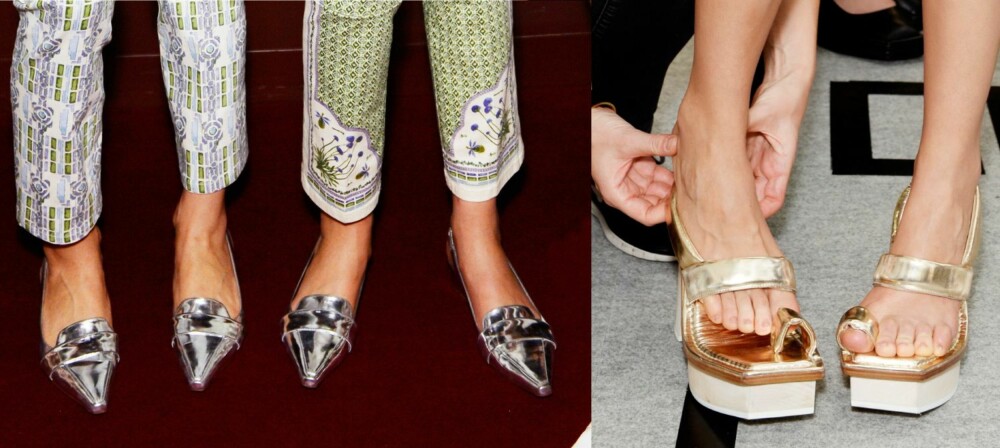 METALLISKE SKO: Til venstre: Tory Burch. Til høyre: Acne. METALLISKE SKO: Til venstre: Tory Burch. Til høyre: Acne.