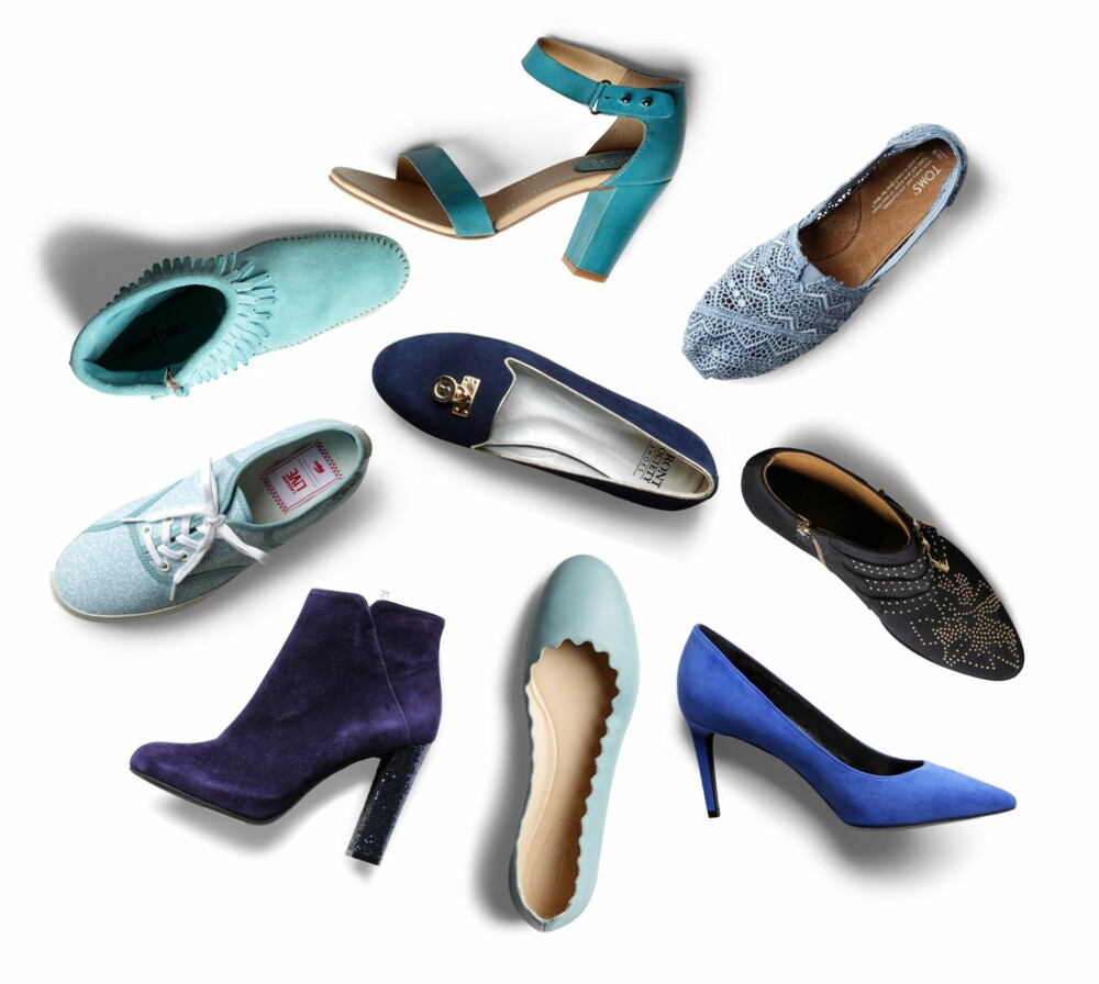 KALDE NYANSER: Øvers fra venstre mot høyre: Turkis sandal med høy hæl fra Ellos, kr 599. Toms, kr 649. Ankelstøvletter fra Chloé/Høyer Luxury Eger, kr 7499. Pumps fra Saint Laurent/Høyer Luxury Eger, kr 3799. Ballerinasko fra Chloé/Høyer Luxury Eger, kr 2999. Ankelstøvletter fra Tosca Blu, kr 1649. Tøysko fra Lacoste, kr 999. Frynseboots fra Minnetonka, kr 1200. I midten: Loafers fra Front Society, kr 1299. KALDE NYANSER: Øvers fra venstre mot høyre: Turkis sandal med høy hæl fra Ellos, kr 599. Toms, kr 649. Ankelstøvletter fra Chloé/Høyer Luxury Eger, kr 7499. Pumps fra Saint Laurent/Høyer Luxury Eger, kr 3799. Ballerinasko fra Chloé/Høyer Luxury Eger, kr 2999. Ankelstøvletter fra Tosca Blu, kr 1649. Tøysko fra Lacoste, kr 999. Frynseboots fra Minnetonka, kr 1200. I midten: Loafers fra Front Society, kr 1299.