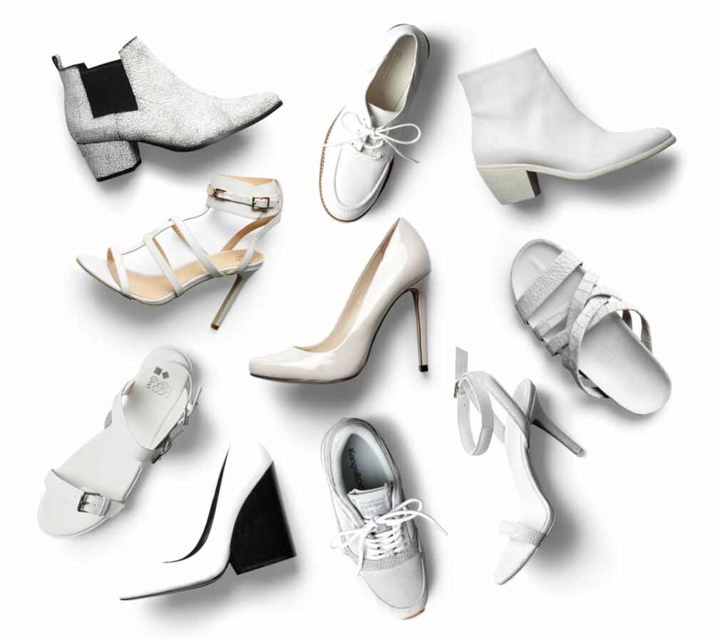 CRISPY HVITT: Øverst fra venstre mot høyre: Ankelboots fra Bianco, kr 1099. Sko med snøring fra Bianco, kr 899. Ankelboots fra The last conspiracy, kr 2500. Sandaler fra The last conspiracy, kr 1400. Høye sandaler fra Alexander Wang/Høyer Luxury Eger, kr 3699. Joggesko fra KangaRoos, kr 999. Hvite pumps med tykk hæl fra Zara, kr 959. Sandaler fra Even&Odd, kr 289. Høye sandaler fra Nelly, kr 399. I midten: Pumps fra Zara, kr 679. CRISPY HVITT: Øverst fra venstre mot høyre: Ankelboots fra Bianco, kr 1099. Sko med snøring fra Bianco, kr 899. Ankelboots fra The last conspiracy, kr 2500. Sandaler fra The last conspiracy, kr 1400. Høye sandaler fra Alexander Wang/Høyer Luxury Eger, kr 3699. Joggesko fra KangaRoos, kr 999. Hvite pumps med tykk hæl fra Zara, kr 959. Sandaler fra Even&Odd, kr 289. Høye sandaler fra Nelly, kr 399. I midten: Pumps fra Zara, kr 679.