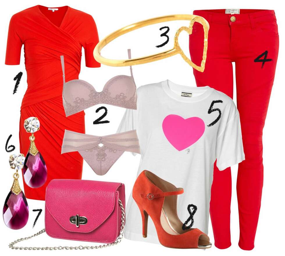 1. Kjole fra Carven/my-wardrobe.com, kr 2395. 2. BH og trusesett fra Triumph, kr 549. 3. Ring fra Phoebe Coleman/my-wardrobe.com, kr 1035. 4. Jeans fra Current Elliott, kr 2539. 5. T skjorte fra Malene Birger, kr 799. 6. Øredobber fra Anton Heunis/my-wardrobe.com, kr 766. 7. Veske fra Don Donna, kr 249. 8. Sko fra Aldo, kr 899. 1. Kjole fra Carven/my-wardrobe.com, kr 2395. 2. BH og trusesett fra Triumph, kr 549. 3. Ring fra Phoebe Coleman/my-wardrobe.com, kr 1035. 4. Jeans fra Current Elliott, kr 2539. 5. T skjorte fra Malene Birger, kr 799. 6. Øredobber fra Anton Heunis/my-wardrobe.com, kr 766. 7. Veske fra Don Donna, kr 249. 8. Sko fra Aldo, kr 899.