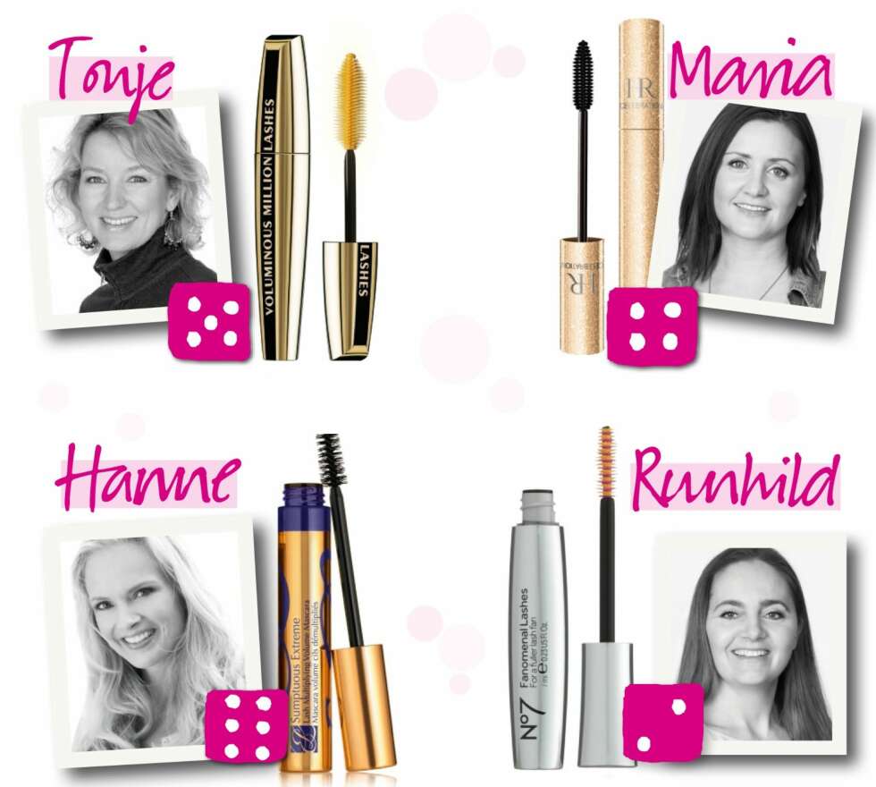 TESTET: L'Oréal Paris, Volume Million Lashes, kr 175, terningkast 5. Helena Rubinstein, Lash Queen Mascara, kr 350, terningkast 4. Estée Lauder, Sumptuous Extreme, kr 300, terningkast 6. No7, Fenomenal Lashes, kr 159, terningkast 2. TESTET: L'Oréal Paris, Volume Million Lashes, kr 175, terningkast 5. Helena Rubinstein, Lash Queen Mascara, kr 350, terningkast 4. Estée Lauder, Sumptuous Extreme, kr 300, terningkast 6. No7, Fenomenal Lashes, kr 159, terningkast 2.