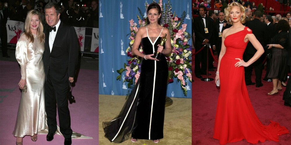 ELEGANT; Satengkjolen i gull fra Dior - båret av selveste Kate Moss, Julia Roberts i en svart og hvit Valentino og Katherine Heigl i Vermilion Escada. ELEGANT; Satengkjolen i gull fra Dior - båret av selveste Kate Moss, Julia Roberts i en svart og hvit Valentino og Katherine Heigl i Vermilion Escada.