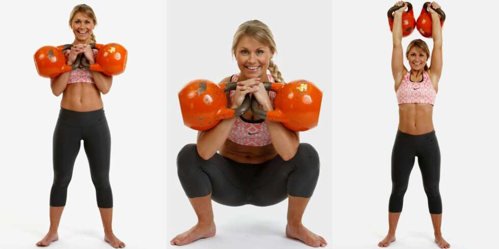 DOBBEL FRONTKNEBØY TIL SKULDERPRESS: Trener beina, særlig forside lår, men også rygg, mage, skuldre og triceps. DOBBEL FRONTKNEBØY TIL SKULDERPRESS: Trener beina, særlig forside lår, men også rygg, mage, skuldre og triceps.