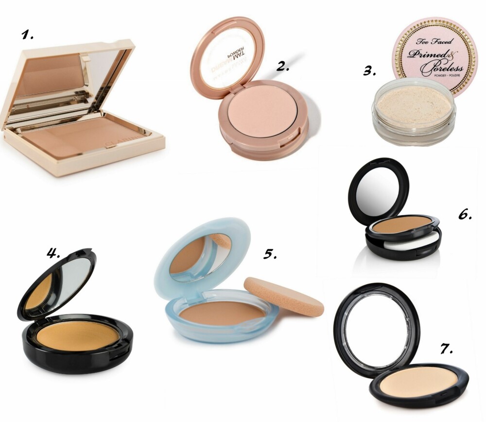 PUDDER: 1. Ever Matte Powder Compact fra Clarins (kr 390), 2. Dream Mat Powder fra Maybelline (kr 139), 3. Primed & Poreless Powder fra Too Faced (kr 339), 4. Stay Matte Powder Foundation fra Nyx (kr 165), 5. Matifying Compact Oil-free fra Shiseido (kr 309), 6. Studio Fix Powder Plus Foundation fra MAC (kr 259), 7. gloMatte Finishing Powder fra glóMinerals (kr 440). PUDDER: 1. Ever Matte Powder Compact fra Clarins (kr 390), 2. Dream Mat Powder fra Maybelline (kr 139), 3. Primed & Poreless Powder fra Too Faced (kr 339), 4. Stay Matte Powder Foundation fra Nyx (kr 165), 5. Matifying Compact Oil-free fra Shiseido (kr 309), 6. Studio Fix Powder Plus Foundation fra MAC (kr 259), 7. gloMatte Finishing Powder fra glóMinerals (kr 440).