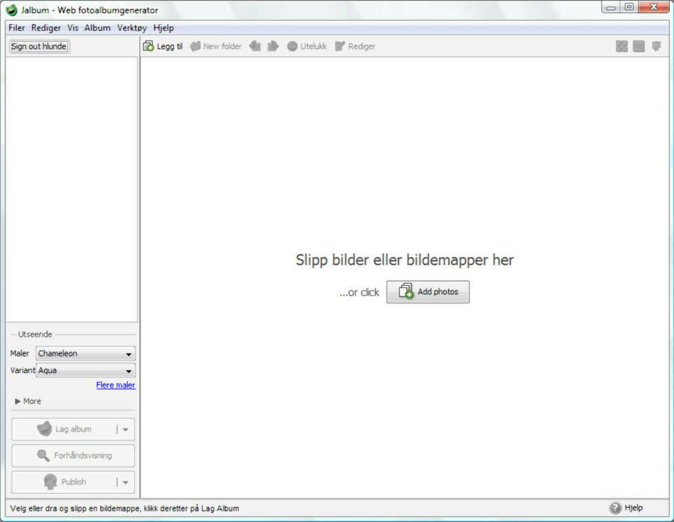 DRA OG SLIPP: Finn bildene du vil ha med i albumet dit t og slipp dem i programvinduet. DRA OG SLIPP: Finn bildene du vil ha med i albumet dit t og slipp dem i programvinduet.