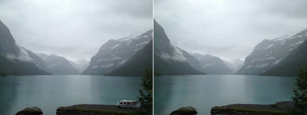 FJERNER: Bobilen skjemmer inntrykket av en øde villmark og vi fjerner den med Photo Fixer. Legg imidlertid merke til at den erstatter bobilen med mer grus og ikke vann, så appen er ikke helt perfekt. FJERNER: Bobilen skjemmer inntrykket av en øde villmark og vi fjerner den med Photo Fixer. Legg imidlertid merke til at den erstatter bobilen med mer grus og ikke vann, så appen er ikke helt perfekt.