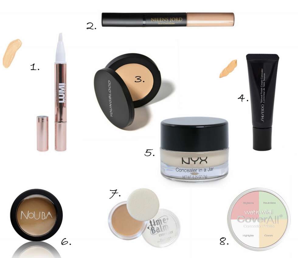 CONCEALER: 1. Lumi Magique Concealer fra L'Oréal Paris (kr 139), 2. Duo Concealer fra Nilens jord (kr 199), 3. Ultimate Concealer fra Youngblood (kr 340), 4. Natural Finish Cream Concealer fra Shiseido (kr 319), 5. Concealer Jar fra Nyx Cosmetics (kr 95), 6. Touch Corettone Concealer fra Nouba (kr 159), 7. Anti Wrinkle Concealer fra The Balm (kr 169), 8. Cover All Concealer Palette fra Wet N Wild (kr 69). CONCEALER: 1. Lumi Magique Concealer fra L'Oréal Paris (kr 139), 2. Duo Concealer fra Nilens jord (kr 199), 3. Ultimate Concealer fra Youngblood (kr 340), 4. Natural Finish Cream Concealer fra Shiseido (kr 319), 5. Concealer Jar fra Nyx Cosmetics (kr 95), 6. Touch Corettone Concealer fra Nouba (kr 159), 7. Anti Wrinkle Concealer fra The Balm (kr 169), 8. Cover All Concealer Palette fra Wet N Wild (kr 69).