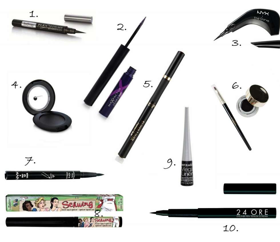EYELINER: 1. Flex Tip Eyeliner fra IsaDora (kr 109), 2. Col Xpert Waterproof Eyeliner fra Max Factor (kr 105), 3. The Curve fra Nyx Cosmetics (kr 195), 4. gloCream Eyeliner fra glóMinerals (kr 250), 5. Super Liner Perfect Slim fra L'Oréal Paris (kr 120), 6. Super Liner Gel Intenza fra L'Oréal Paris (kr 129), 7. Felt Tip Eyeliner fra Nyx Cosmetics (kr 95), 8. Schwing Eye Liner fra The Balm (kr 189), 9. MegaLiner Liquid Eyeliner fra Wet N Wild (kr 59), 10. Liquid Eyeliner Pen Waterproof fra Deborah (kr 99). EYELINER: 1. Flex Tip Eyeliner fra IsaDora (kr 109), 2. Col Xpert Waterproof Eyeliner fra Max Factor (kr 105), 3. The Curve fra Nyx Cosmetics (kr 195), 4. gloCream Eyeliner fra glóMinerals (kr 250), 5. Super Liner Perfect Slim fra L'Oréal Paris (kr 120), 6. Super Liner Gel Intenza fra L'Oréal Paris (kr 129), 7. Felt Tip Eyeliner fra Nyx Cosmetics (kr 95), 8. Schwing Eye Liner fra The Balm (kr 189), 9. MegaLiner Liquid Eyeliner fra Wet N Wild (kr 59), 10. Liquid Eyeliner Pen Waterproof fra Deborah (kr 99).