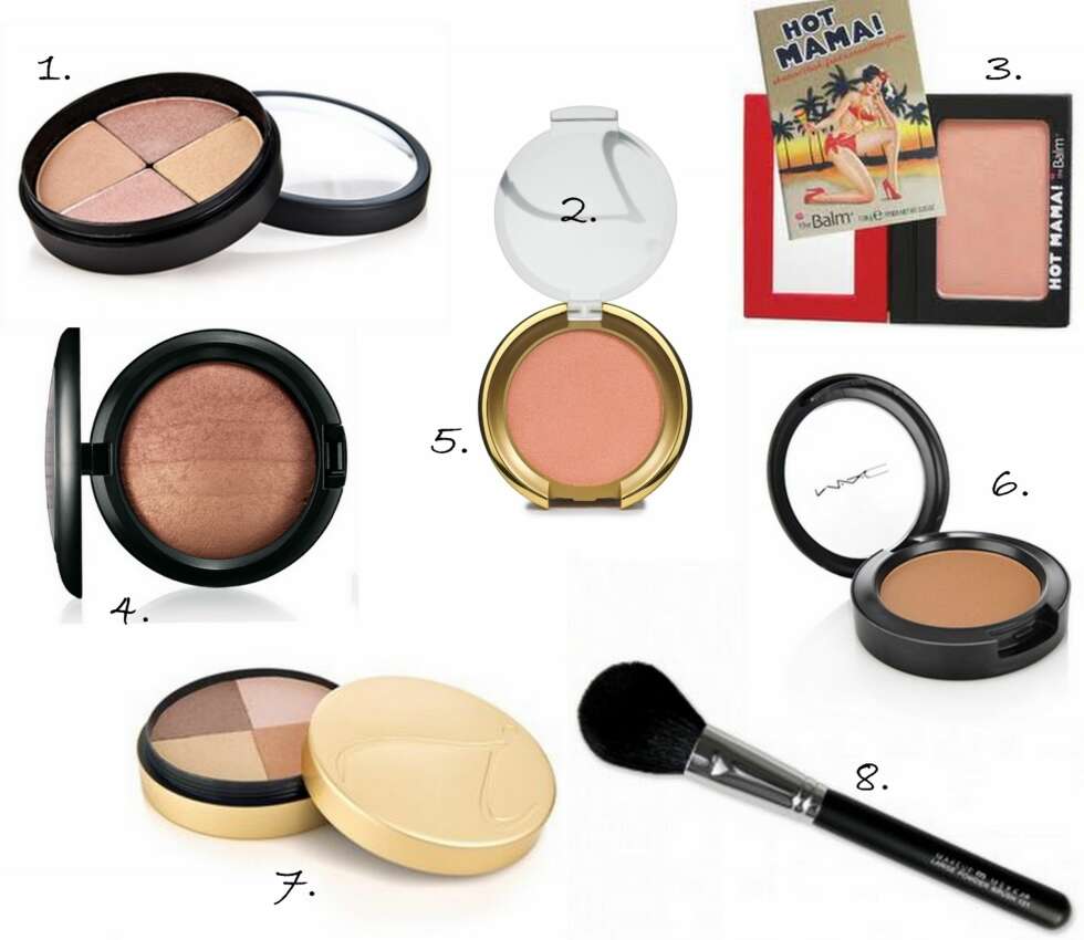 SOLPUDDER: 1. gloShimmer Brick Highlight Powder fra glóMinerals (kr 360), 2. PurePressed Blush i fargen Whisper fra Jane Iredale (kr 345), 3. Hot Mama fra The Balm (kr 151), 4. Mineralize Skinfinish i fargen Redhead fra MAC (kr 200), 5. PurePressed Blush i fargen Whisper fra Jane Iredale (kr 345), 6. Sheertone Shimmer Blush i fargen Trace Gold fra MAC (kr 180), 7. Moonglow fra Jane Iredale (kr 498), 8. Large Powder Brush 131 fra Makeup Mekka Pro (kr 129). SOLPUDDER: 1. gloShimmer Brick Highlight Powder fra glóMinerals (kr 360), 2. PurePressed Blush i fargen Whisper fra Jane Iredale (kr 345), 3. Hot Mama fra The Balm (kr 151), 4. Mineralize Skinfinish i fargen Redhead fra MAC (kr 200), 5. PurePressed Blush i fargen Whisper fra Jane Iredale (kr 345), 6. Sheertone Shimmer Blush i fargen Trace Gold fra MAC (kr 180), 7. Moonglow fra Jane Iredale (kr 498), 8. Large Powder Brush 131 fra Makeup Mekka Pro (kr 129).