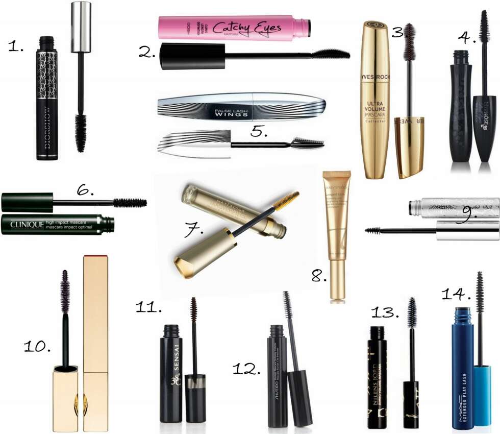 MASKARA: 1. Diorshow - Buildable Volume Mascara fra Dior (kr 259), 2. Catchy Eyes Mascara fra Gosh (kr 99), 3. Sexy Pulp Ultra-Volume Mascara fra Yves Rocher (129,-), 4. Hypnóse Doll Eyes Waterproof Mascara fra Lancôme (kr 249, 5. False Lash Wings fra L'Oréal Paris (kr 179), 6. High Impact Mascara fra Clinique (kr 195), 7. Masterpiece Mascara fra Max Factor (kr 160), 8. Longest Lash Thickening and Lengthening Mascara fra Jane Iredale (kr 310), 9. Bottom Lash Mascara fra Clinique (kr 130), 10. Instant Definition Mascara fra Clarins (kr 265), 11. Mascara 38 C fra Sensai (kr 189), 12. Perfect Mascara Defining Volume fra Shiseido (kr 199), 13. Jumbo Volume Mascara fra Nilens Jord (kr 199), 14. Extended Play Lash Mascara fra MAC (kr 160). MASKARA: 1. Diorshow - Buildable Volume Mascara fra Dior (kr 259), 2. Catchy Eyes Mascara fra Gosh (kr 99), 3. Sexy Pulp Ultra-Volume Mascara fra Yves Rocher (129,-), 4. Hypnóse Doll Eyes Waterproof Mascara fra Lancôme (kr 249, 5. False Lash Wings fra L'Oréal Paris (kr 179), 6. High Impact Mascara fra Clinique (kr 195), 7. Masterpiece Mascara fra Max Factor (kr 160), 8. Longest Lash Thickening and Lengthening Mascara fra Jane Iredale (kr 310), 9. Bottom Lash Mascara fra Clinique (kr 130), 10. Instant Definition Mascara fra Clarins (kr 265), 11. Mascara 38 C fra Sensai (kr 189), 12. Perfect Mascara Defining Volume fra Shiseido (kr 199), 13. Jumbo Volume Mascara fra Nilens Jord (kr 199), 14. Extended Play Lash Mascara fra MAC (kr 160).