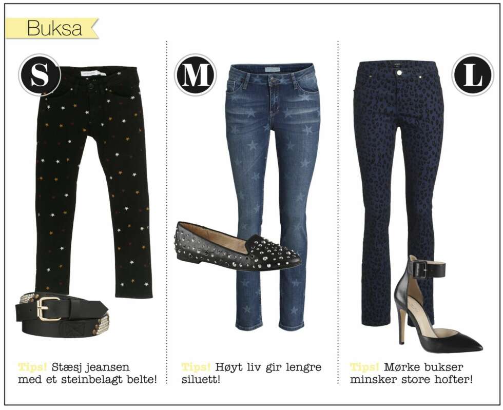 Buksa: S: Jeans fra Etoile Isabel Marant. kr 1919,- Belte fra InWear, kr 499,- M: Bukse fra Lindex, kr 399,- Loafers fra Laverna, kr 999,- L: Bukse fra Lindex, kr 399,- Pumps fra Aldo, kr 999,- Buksa: S: Jeans fra Etoile Isabel Marant. kr 1919,- Belte fra InWear, kr 499,- M: Bukse fra Lindex, kr 399,- Loafers fra Laverna, kr 999,- L: Bukse fra Lindex, kr 399,- Pumps fra Aldo, kr 999,-