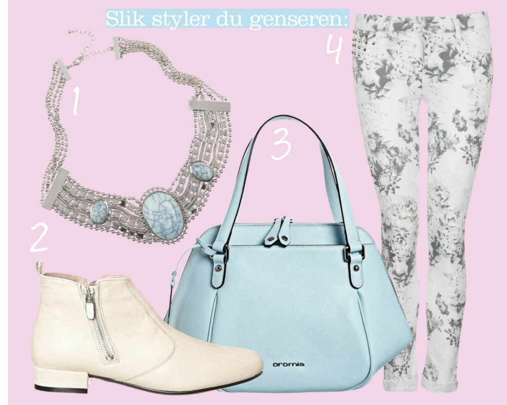 STYLINGTIPS: 1. Smykke fra Bik Bok, kr 199,- 2. 60-tallsstøvletter fra Kmd/Zalando, kr 1055,- 3. Veske fra Oromia/Zalando, kr 1395,- 4. Blomstrede bukser fra Bik Bok, kr 299,- STYLINGTIPS: 1. Smykke fra Bik Bok, kr 199,- 2. 60-tallsstøvletter fra Kmd/Zalando, kr 1055,- 3. Veske fra Oromia/Zalando, kr 1395,- 4. Blomstrede bukser fra Bik Bok, kr 299,-