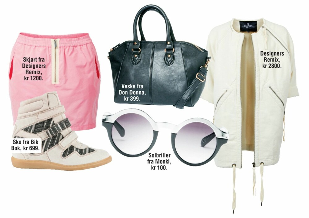 Style t-skjorten med et rosa skjørt fra Designer Remix, kr 1200, veske fra Don Donna, kr 399, jakke fra Designers Remix, kr 2800, sko fra Bik Bok, kr 699, og solbriller fra Monki, kr 100. Style t-skjorten med et rosa skjørt fra Designer Remix, kr 1200, veske fra Don Donna, kr 399, jakke fra Designers Remix, kr 2800, sko fra Bik Bok, kr 699, og solbriller fra Monki, kr 100.